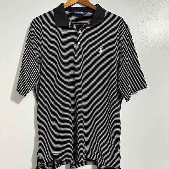 POLO RALPH LAUREN GOLF Size L Pink/Black Stripe Polo Shirt Renaissance on sleeve - Picture 1 of 7